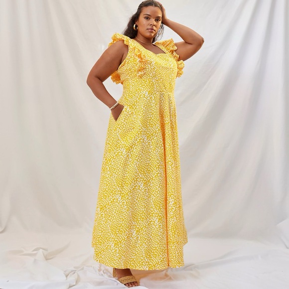 NWT Anthropologie SIKA Marigold Ruffled Maxi Dress Yellow Polka Dot Size 22W